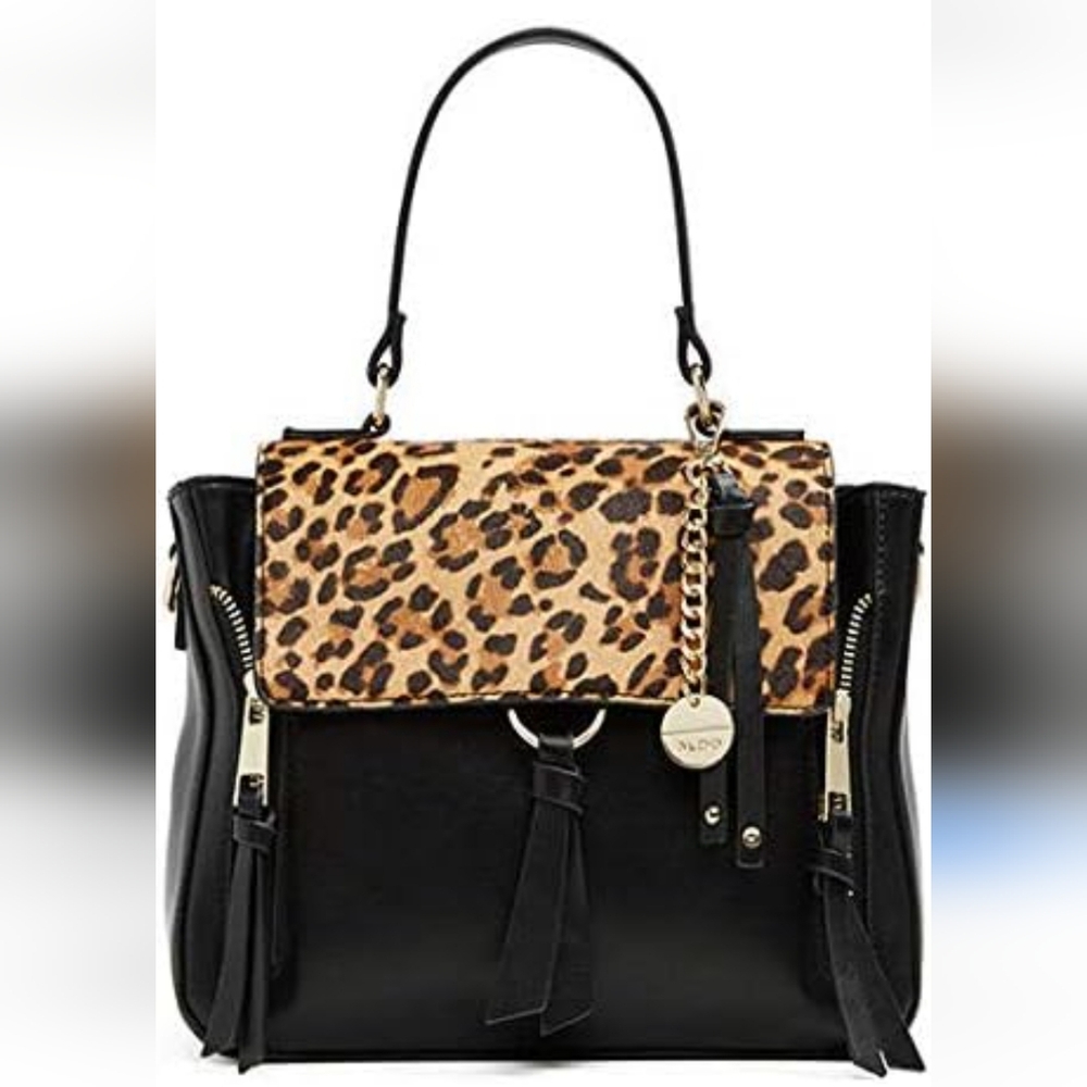 Aldo Donkin Shoulder/Hand Bag Black w/Animal Print Leopard Print Crossbody